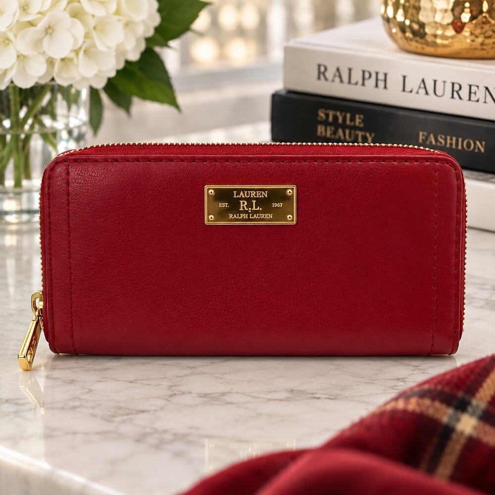 Lauren Ralph Lauren Women’s Red Zip Around Continental Wallet Gold Tone